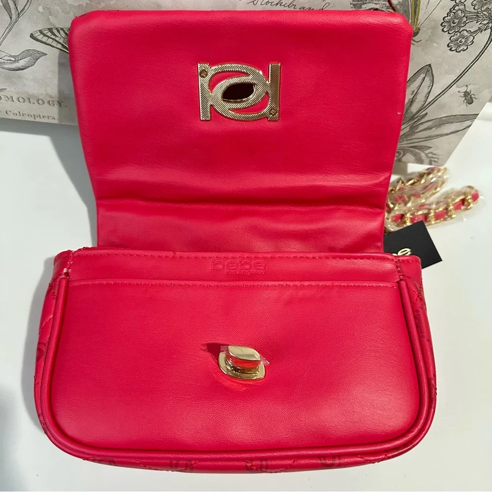 bebe Liv Monogram Crossbody bag in Bright Pink/Dark Pink Logo gold hardware